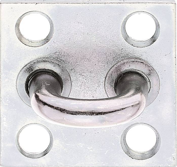 Ein metallener U-förmiger Griff auf einer rechteckigen Befestigungsplatte mit vier Schraublöchern, der für eine sichere Befestigung an Oberflächen konzipiert ist.