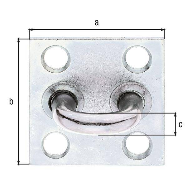 Bild einer quadratischen Metallplatte mit vier Löchern, bei der die Abmessungen mit a, b und c beschriftet sind. In der Mitte befindet sich eine gebogene Metallschlaufe.