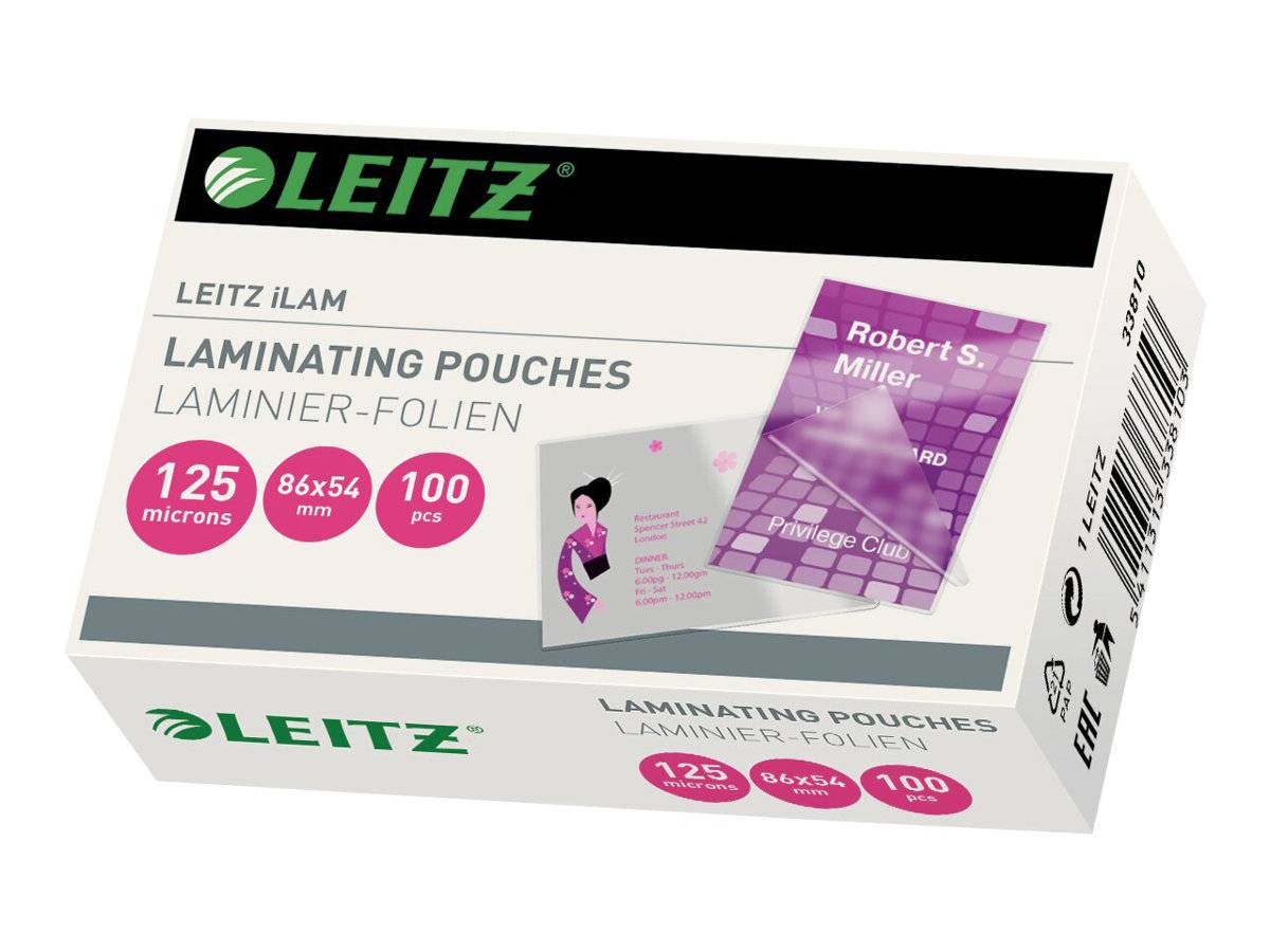 Schachtel mit Leitz-Laminierfolien, 125 Mikrometer, 86 x 54 mm, 100 Stück, mit Beispielbild einer Ausweiskarte auf der Vorderseite.