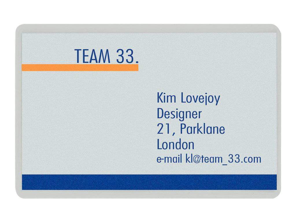 Visitenkarte für TEAM 33 mit Kontaktdaten für Kim Lovejoy, Designer, 21 Parklane, London, E-Mail kl@team_33.com.