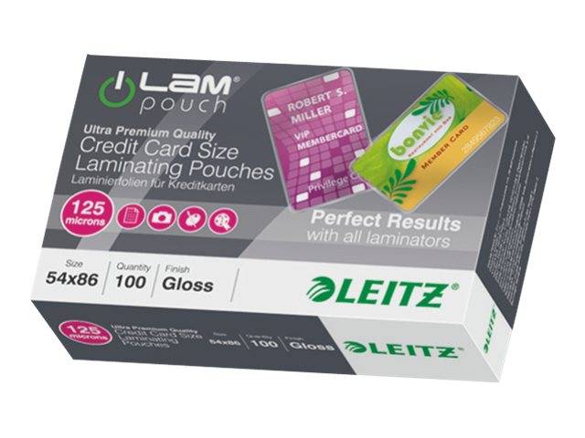 Kasten mit Leitz Lam Touch Laminierfolien im Kreditkartengröße-Format, 54 x 86 mm, 100 glänzende Blätter, 125 Mikrometer