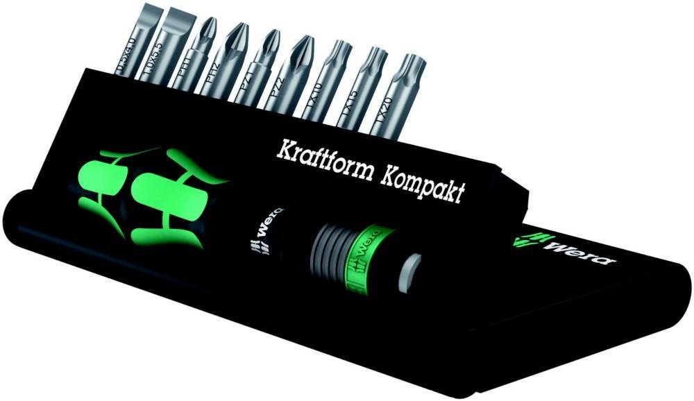 Schwarze Kraftform Kompakt Werkzeugsatzbox mit mehreren silbernen Schraubendreher-Bits und einem Bit-Halter, beschriftet mit 