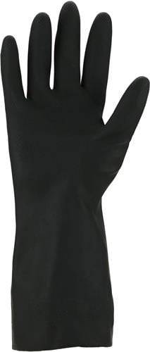 Ein schwarzer Gummihandschuh mit strukturierter Oberfläche bedeckt eine Hand, Finger leicht gespreizt, vor einem schlichten Hintergrund.