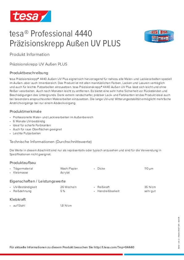 Präzisionskrepp 4440 Außen UV PLUS glatt blau L.50m B.38mm Rl.TESA