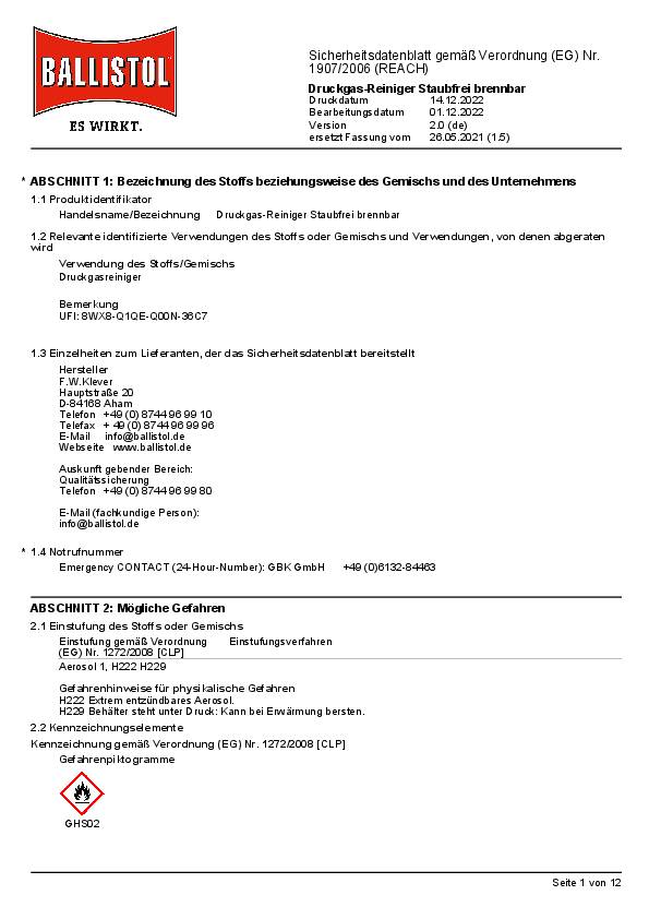 Druckgasreiniger 300ml Spraydose BALLISTOL
