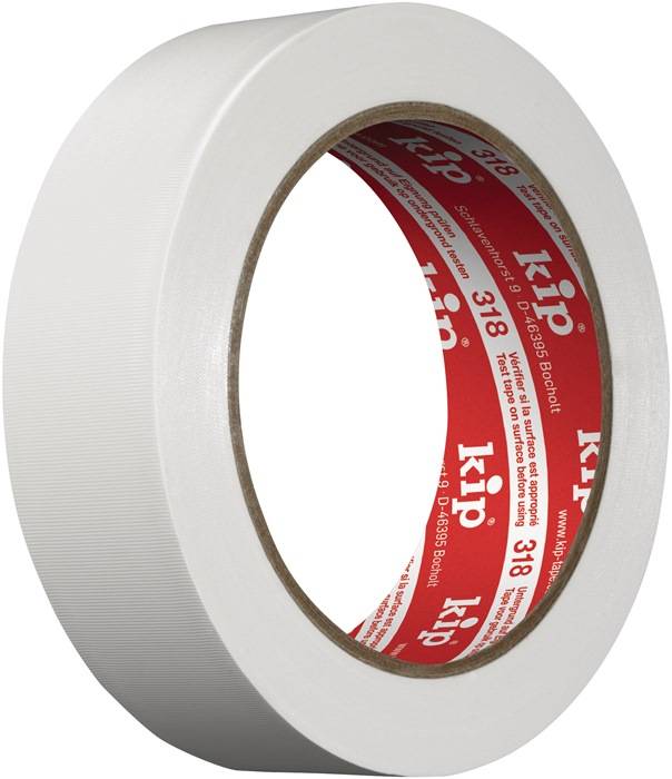 Eine Rolle weißes Abdeckband mit einem roten Innenetikett, auf dem die Marke 'kip 318' zu sehen ist. Entwickelt für präzises Abdecken bei Malerarbeiten.