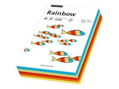 Packung Regenbogen A4-Farbpapier mit Fischdesign. Enthält 500 Blatt in den Farben Rot, Gelb und Blau.