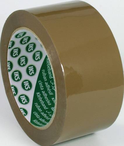 Eine große Rolle braunes Packklebeband mit einem grünen und weißen 