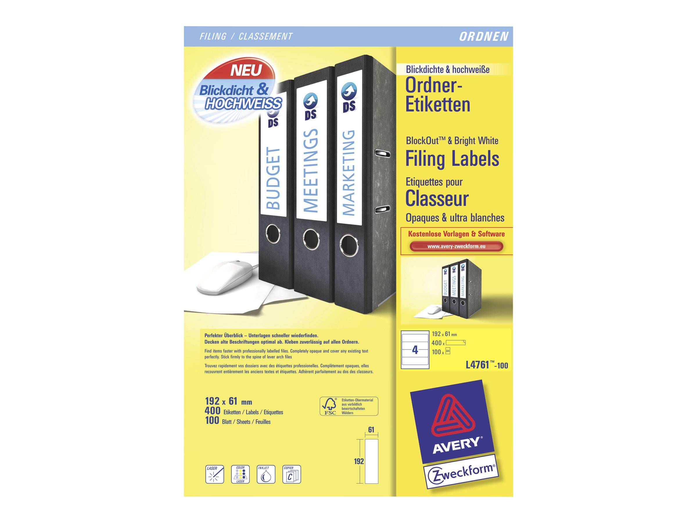 AVERY ZWECKFORM - Avery File Folder Labels - Weiß - 61 x 192 mm 400 Stck. (100 Bogen x 4)