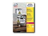 Avery QuickSet-Etikettenpackung mit Gefahrgutwarnetiketten auf Metallkanistern, plus gelbem Produktinformationsfeld.
