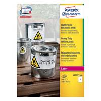 Avery Zweckform Etiketten-Set für Industrieanwendungen mit Warnkennzeichnungen auf Metallbehältern und einem Laserdruck-Etikettenbogen.