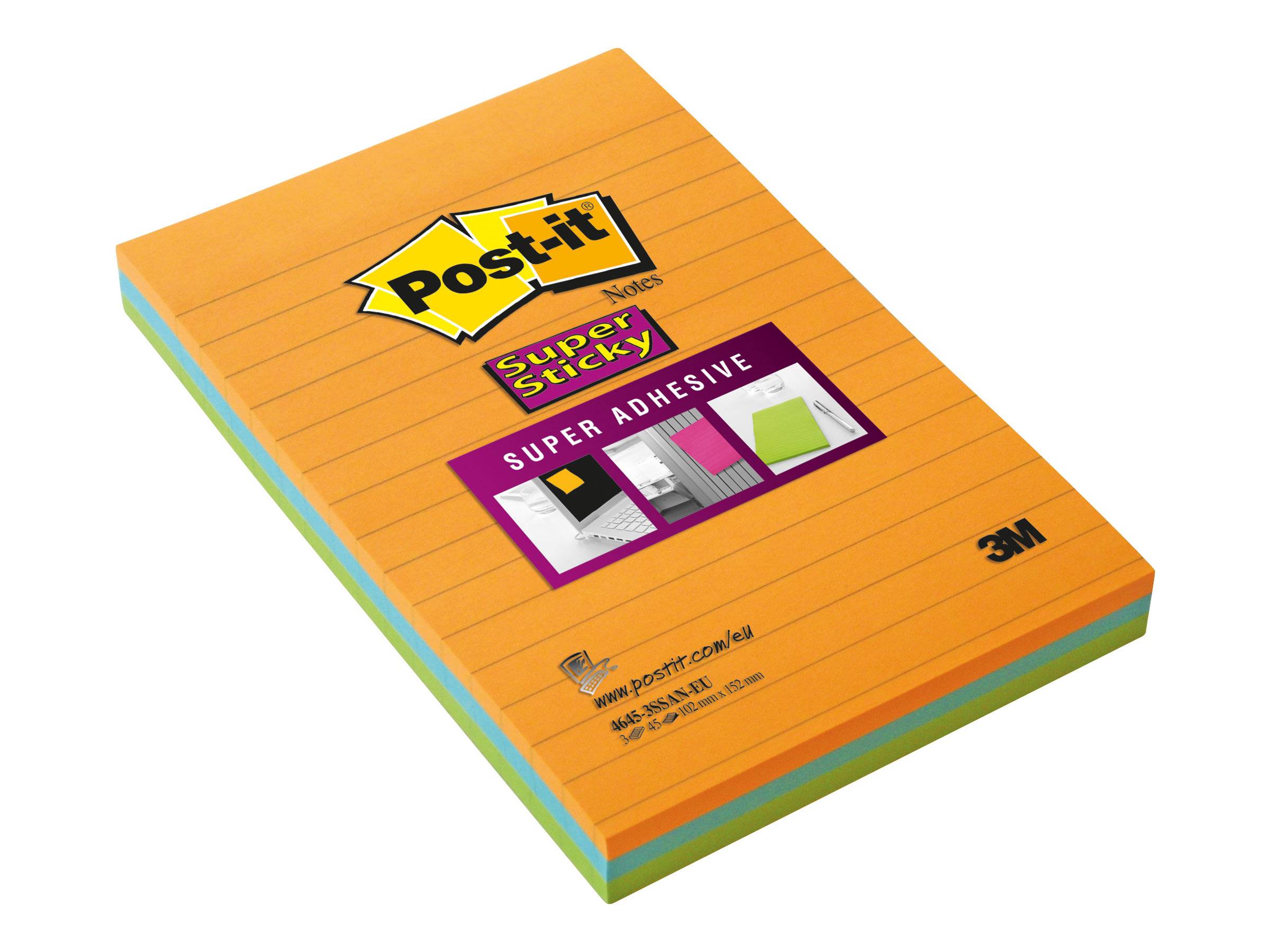 3M - Post-it Super Sticky - Notizen - 102 x 152 mm - 135 Blatt (3 x 45)