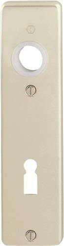 Ein Nahaufnahmebild eines beigen rechteckigen Objekts mit einem kreisförmigen Knopf oder Symbol in der oberen Mitte. Die Oberfläche wirkt glatt und schlicht.