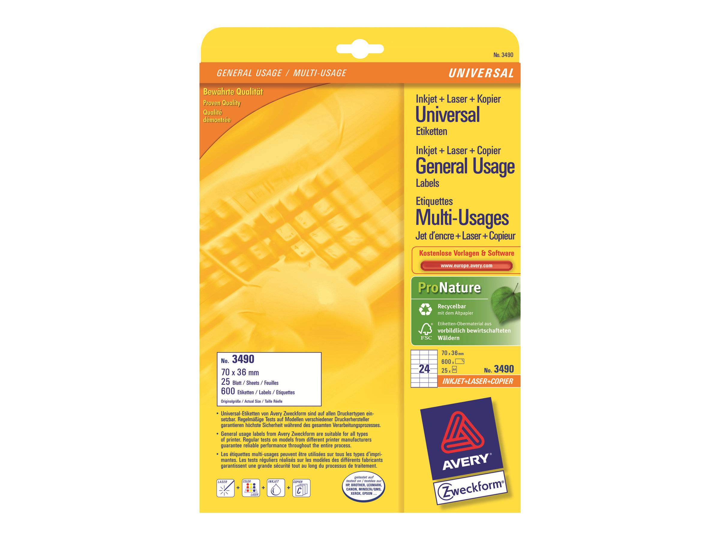 AVERY ZWECKFORM - Avery - Weiß - 70 x 36 mm 600 Etikett(en) (25 Bogen x 24)