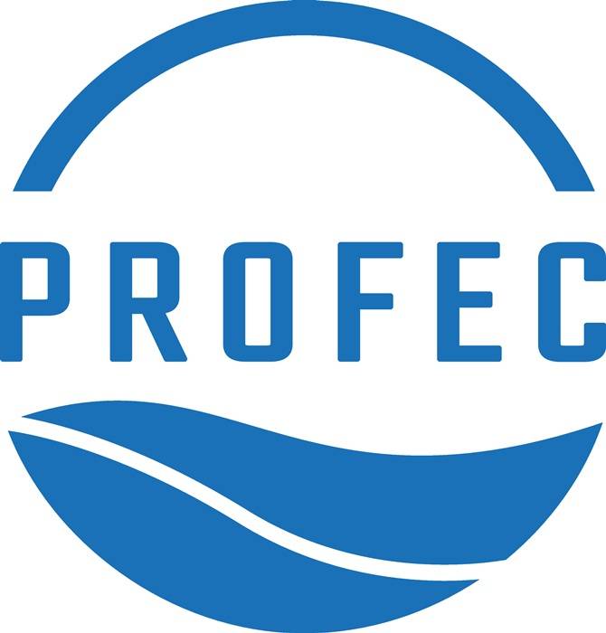 Blaues 'PROFEC'-Logo mit einem geschwungenen Bogen oben und übereinander gestapelten Wellenlförmigen Formen unten auf weißem Hintergrund.