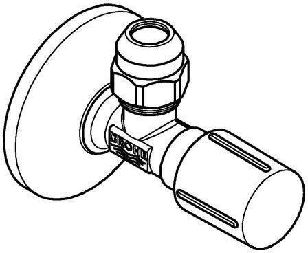Linienzeichnung eines Winkelabsperrventils mit Komponenten wie Griff, Gehäuse und Anschlusspunkten.