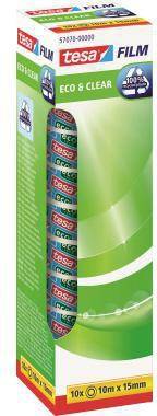 Karton tesa FILM ECO & CLEAR transparentes Klebeband, zeigt 10 Rollen à 10 m x 15 mm auf grüner Verpackung