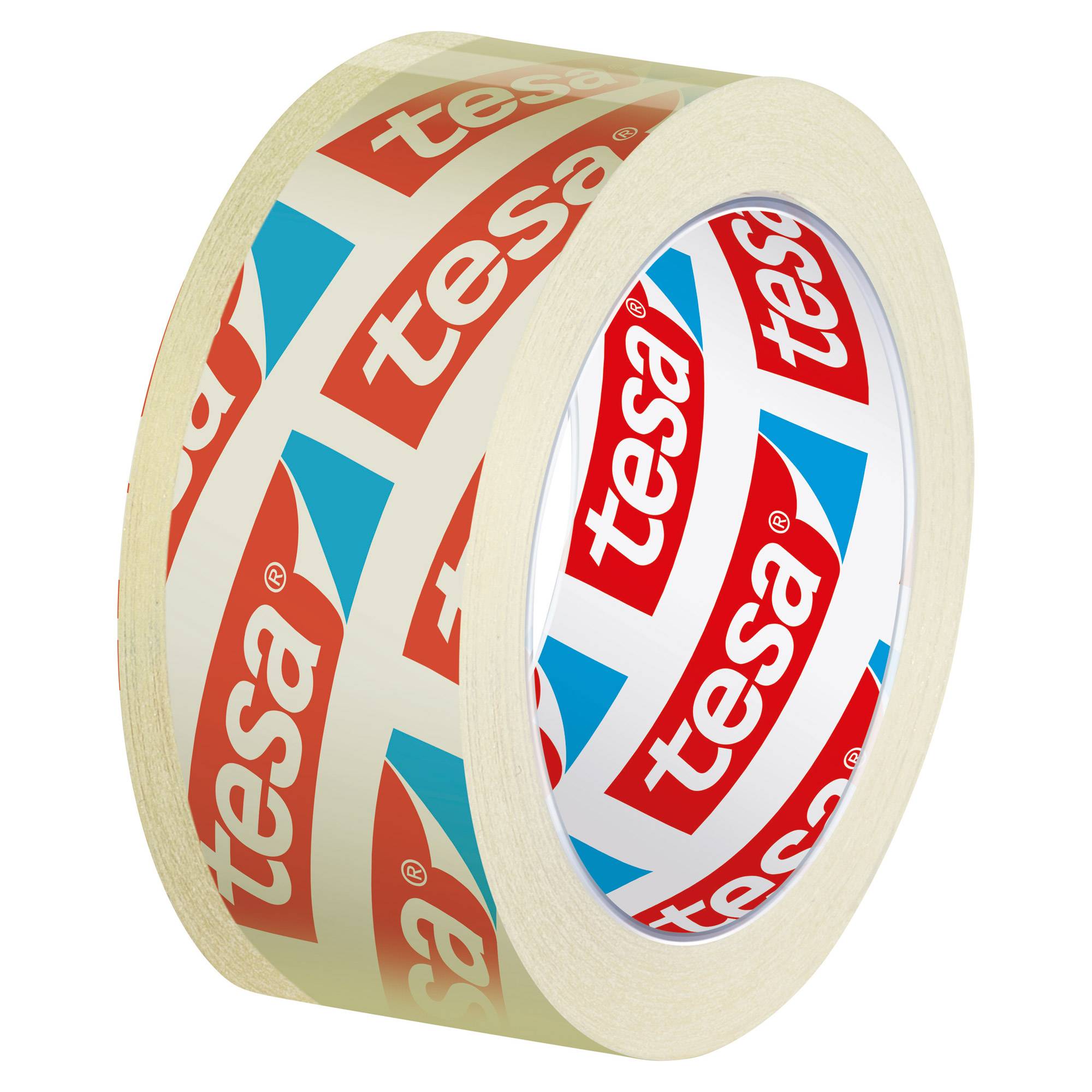 Rolle beige Tesa-Kreppband mit rot-blauem Branding auf weißem Hintergrund.