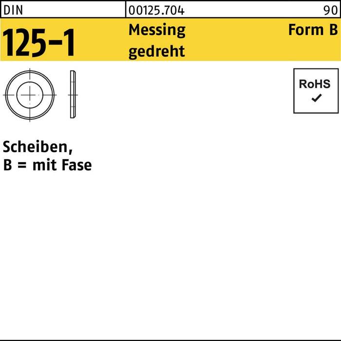 Eine technische Zeichnung einer Messingscheibe, gekennzeichnet mit 'Messing gedreht' und 'B = mit Fase', RoHS-konform, markiert mit 125-1.