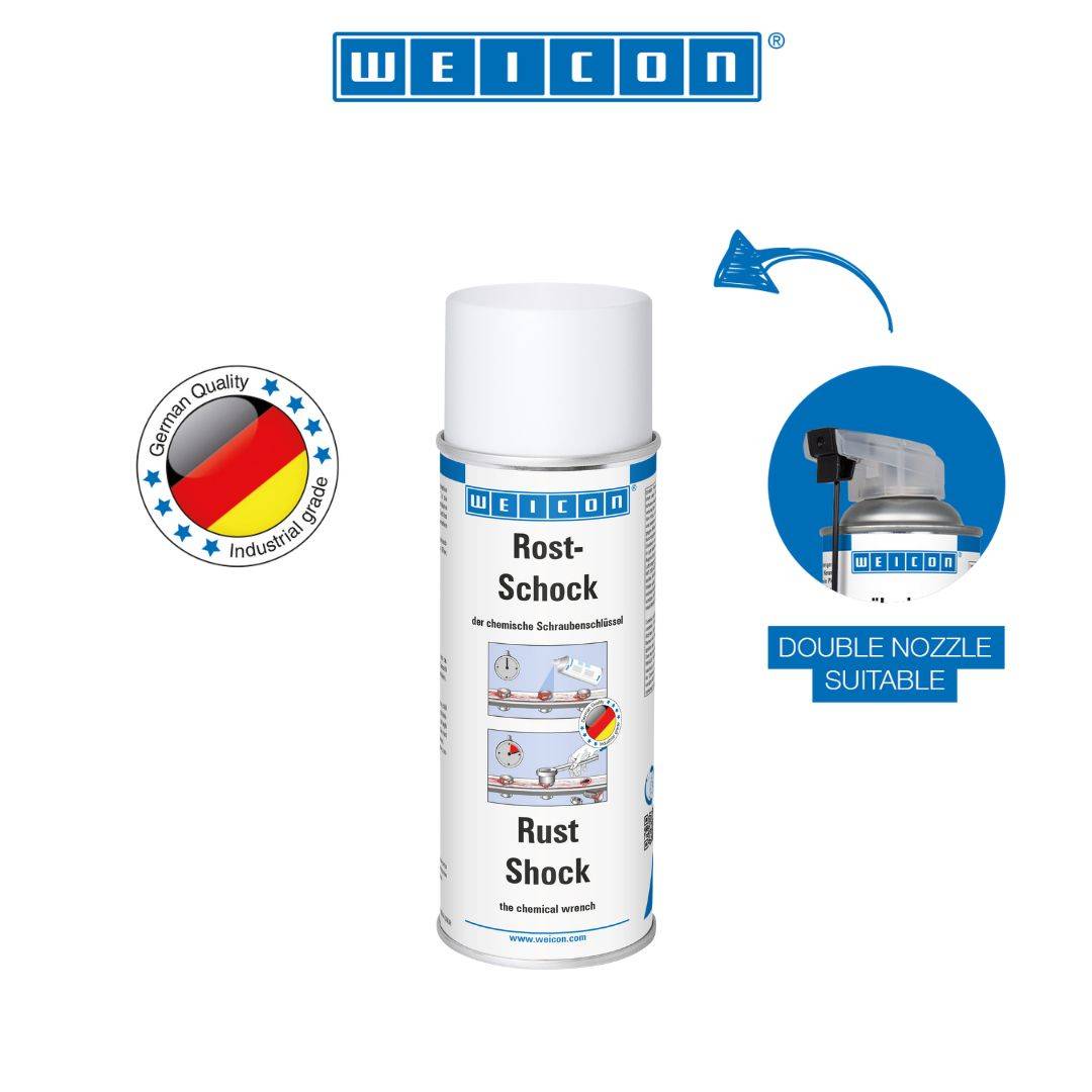 WEICON Rostlöser-Spray in der Spraydose mit Doppeldüse; das Etikett zeigt das Rostlösemittel und eine Kennzeichnung 