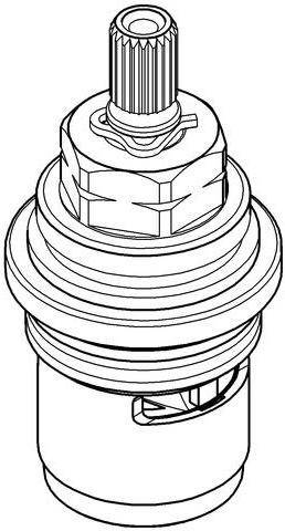 Eine Linienzeichnung einer mechanischen Komponente, möglicherweise eines hydraulischen oder pneumatischen Ventils, die zylindrische Formen und sechseckige Schrauben zeigt.