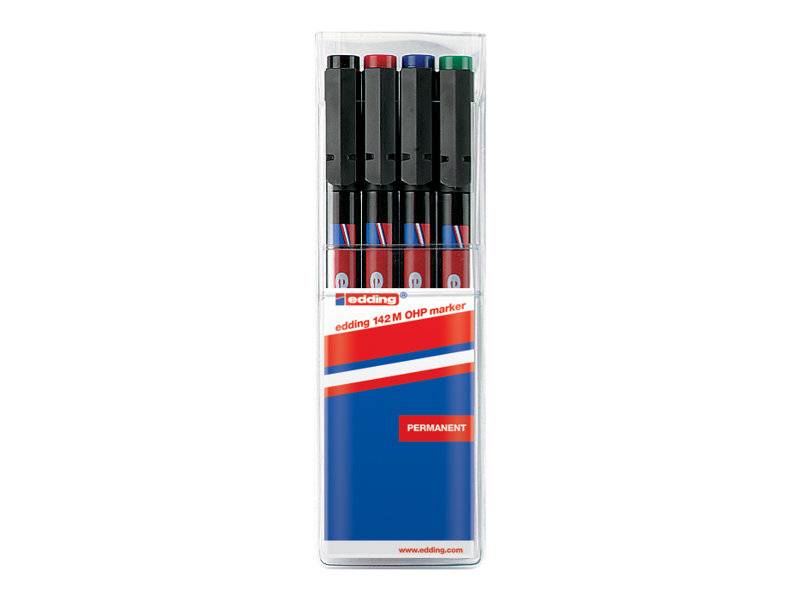 EDDING 142 - Marker - permanent - für Glas, Plastik, Overhead-Projektor-Folien - Schwarz, Rot, Blau, Grün - 1 mm - Mittel (Packung mit 4)