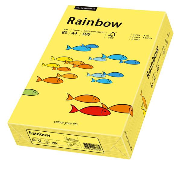 Gelbes Ries Regenbogen A4 Farbpapier, 500 Blatt, mit bunter Fischillustration auf der Verpackung.