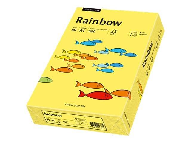 Karton mit Kopierpapier der Marke Yellow Rainbow mit bunter Fischillustration und auf der Verpackung gedruckten Produktdetails