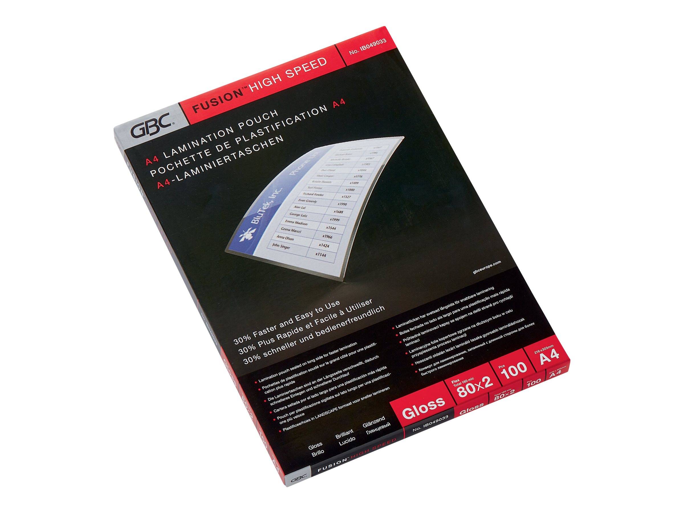 Ein Paket mit GBC Fusion Hochgeschwindigkeits-Laminierfolien im A4-Format, gezeigt auf seiner Einzelhandelverpackung mit den Aufschriften 