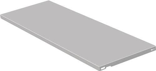 Eine graue rechteckige Plattform oder ein Regal, von einem Winkel aus betrachtet, die/das seine flache und glatte Oberfläche zeigt, möglicherweise zur Lagerung oder Unterstützung verwendet.