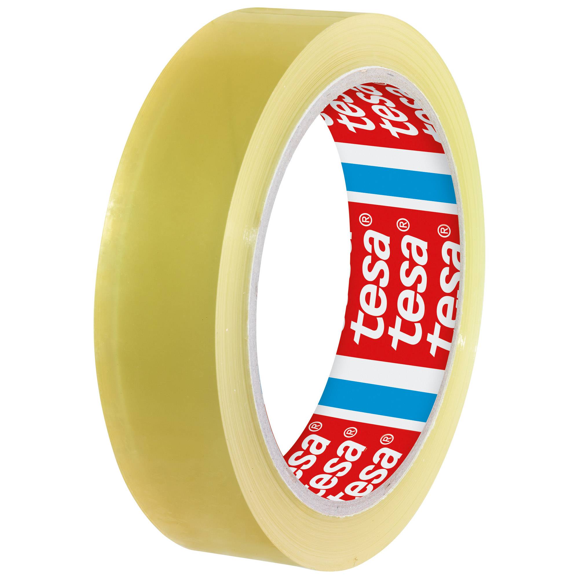 Eine Rolle transparentes Packband mit einem roten „tesa