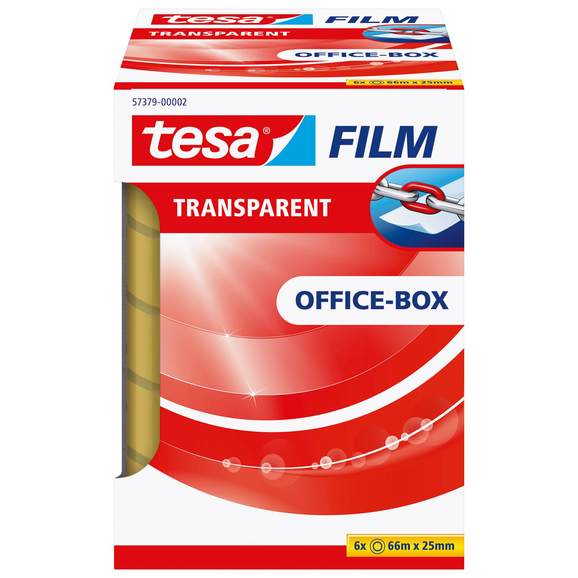 Paket aus transparentem Klebeband 'OFFICE-BOX' von tesa, zeigt Produktbranding und Größe 6 x 66 m x 25 mm.