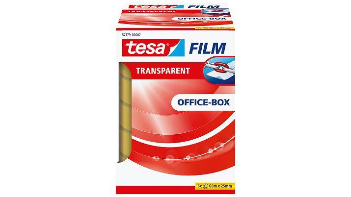 Eine Schachtel tesa Film transparentes Büroklebeband, rot-weiße Verpackung mit der Bezeichnung „OFFICE-BOX