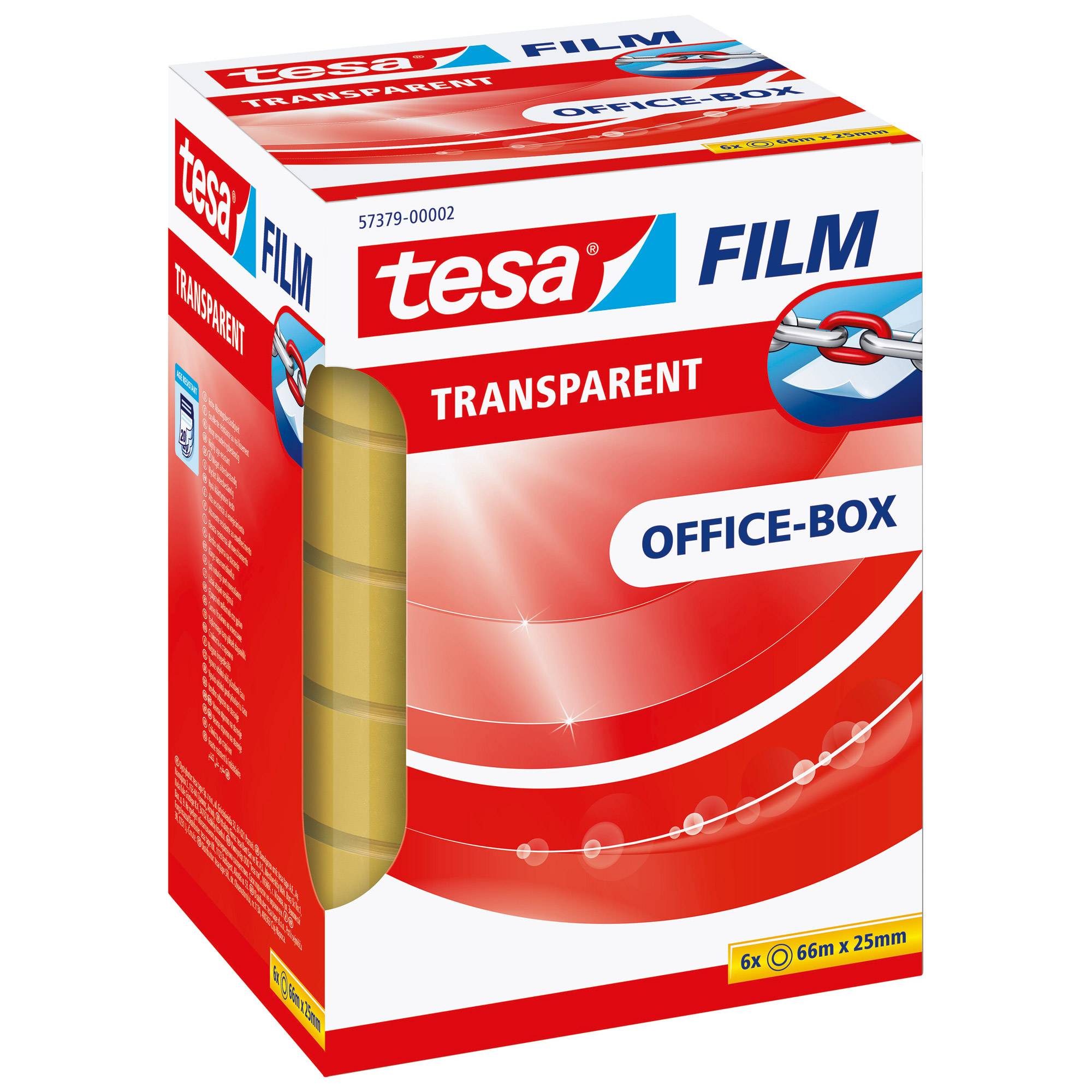 Schachtel mit transparentem tesa-Klebeband Büro-Box, mit 6 Rollen à 66 x 25 mm Klebeband.