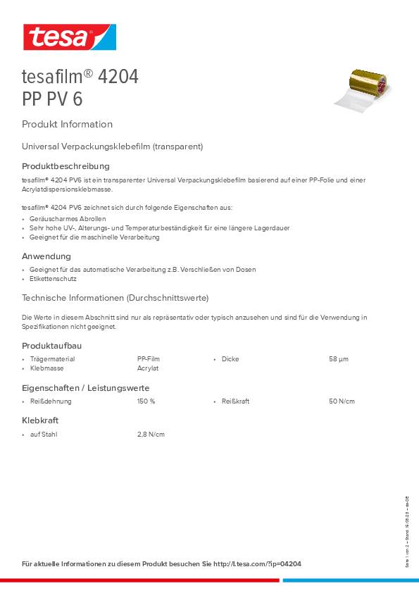 Etikettenschutzfolie tesafilm® 4204 farblos L.66m B.150mm TESA