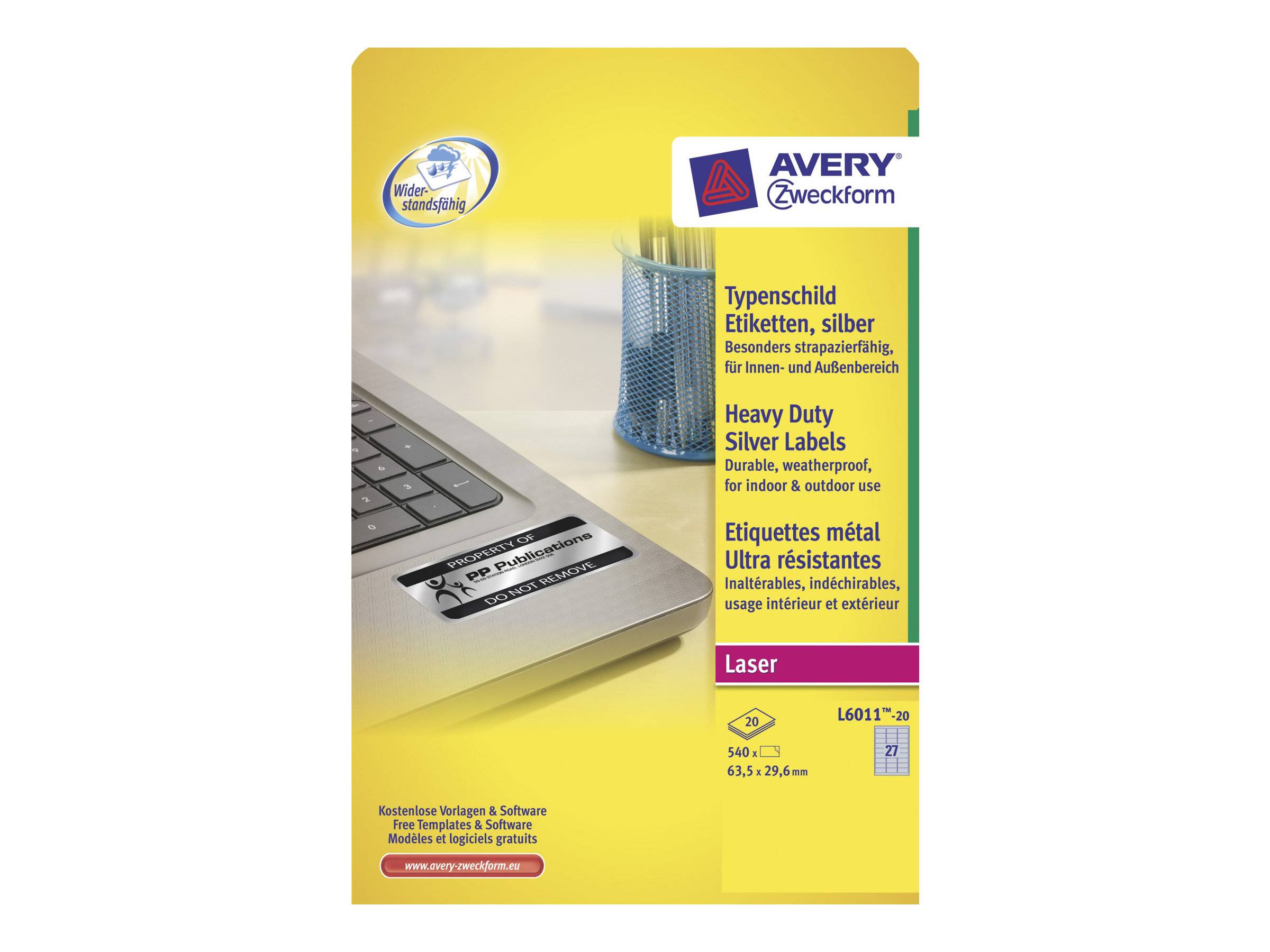 AVERY ZWECKFORM - Avery Heavy Duty Laser Labels L6011 - Polyester - Silber - 29.6 x 63.5 mm 540 Stck. (20 Bogen x 27)