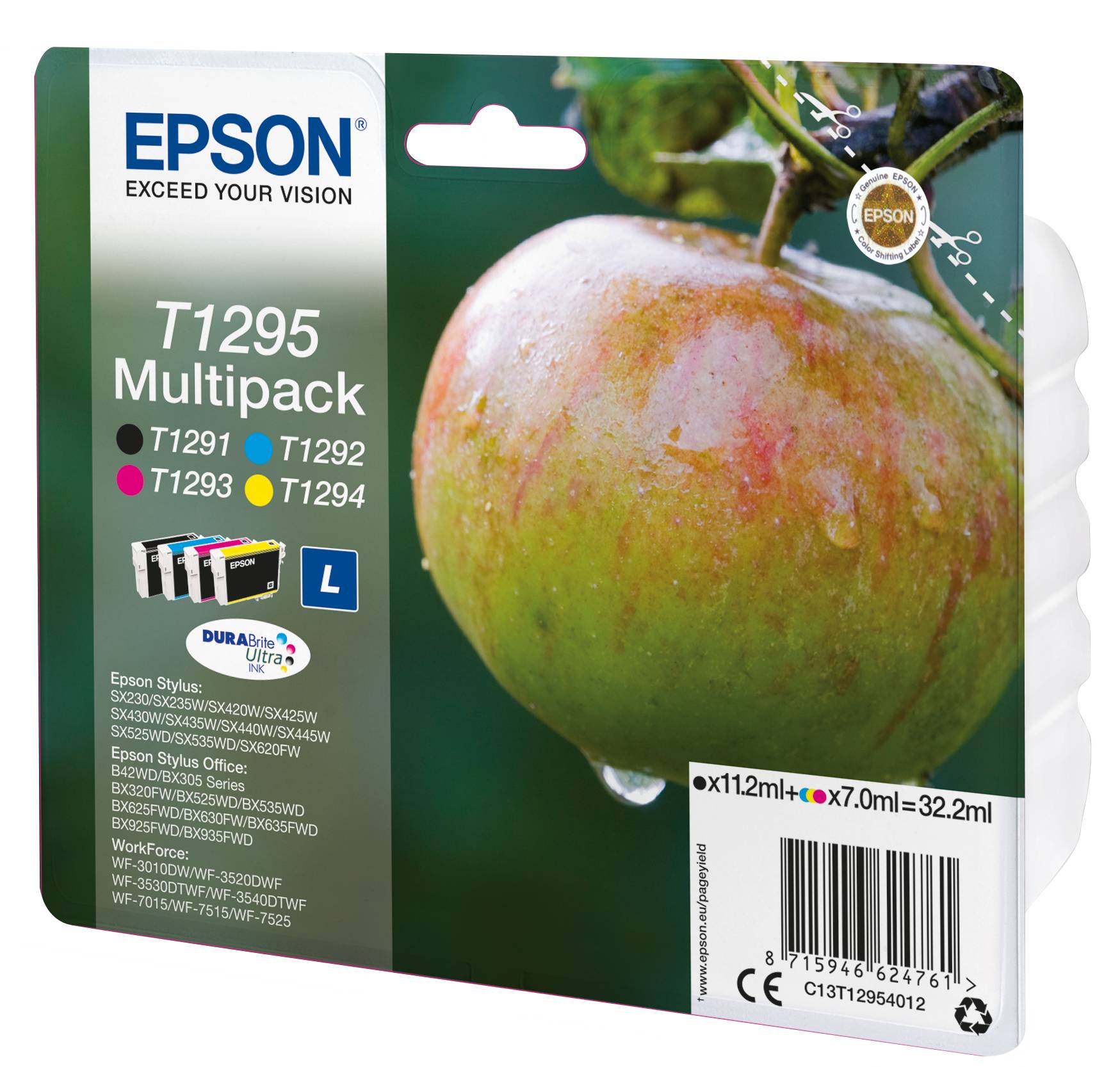 Epson T1295 Multipack Druckerpatrone mit einem Apfelbild und aufgelisteten Patronen T1291, T1292, T1293, T1294.