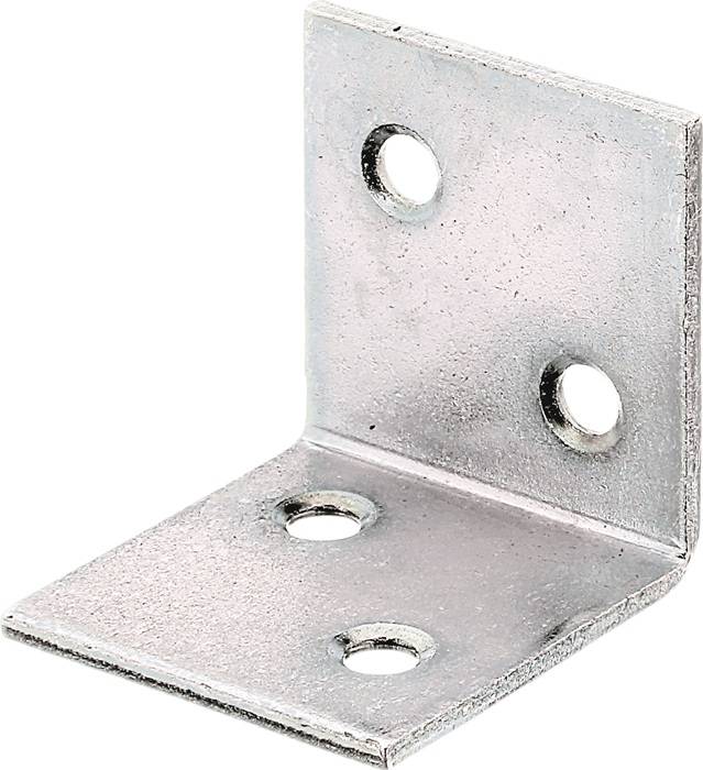 Eine Metallwinkelhalterung in L-Form mit vier Löchern zum Befestigen, die bei der Möbelmontage oder im Baugewerbe zur Verstärkung von Ecken eingesetzt wird.