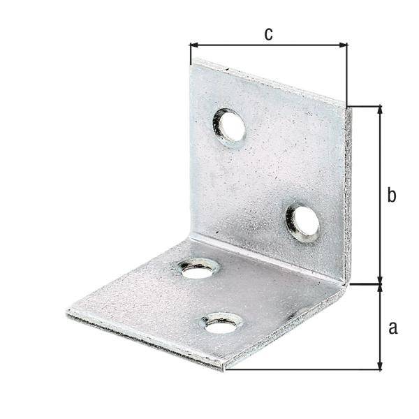 Eine Metallwinkelbefestigung mit vier Löchern. Die Abmessungen sind mit 'a', 'b' und 'c' gekennzeichnet. Wird zum Verbinden von Oberflächen im rechten Winkel verwendet.