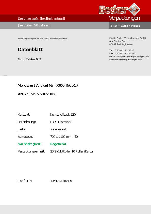 Kunststoffsack 120l LD-PE transp.60 µm B700xL1100mm 250St./Karton