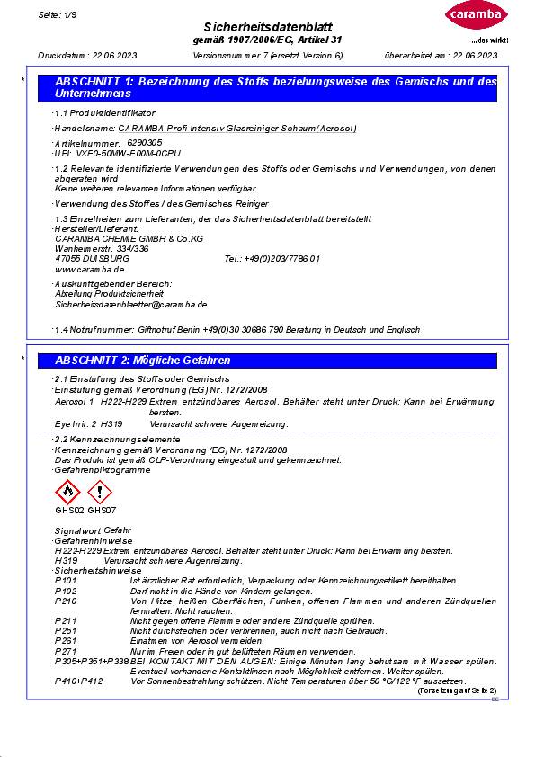 Glasreinigerschaum Intensiv 500 ml Spraydose CARAMBA
