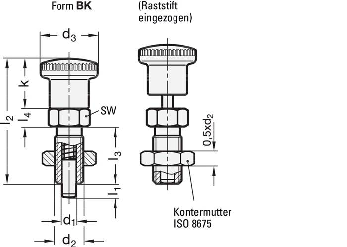 Rastbolzen GN 817 d1 6mm d2 M12 x 1,5mm l1 6mm Stahl,o.Rastsperre,m.Kontermutter