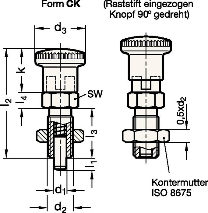 Rastbolzen GN 817 d1 6mm d2 M12 x 1,5mm l1 6mm Stahl,o.Rastsperre,m.Kontermutter