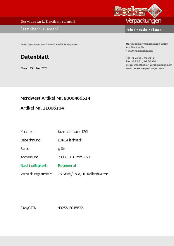 Kunststoffsack 120l LD-PE grün 60 µm B700xL1100mm 250St./Karton