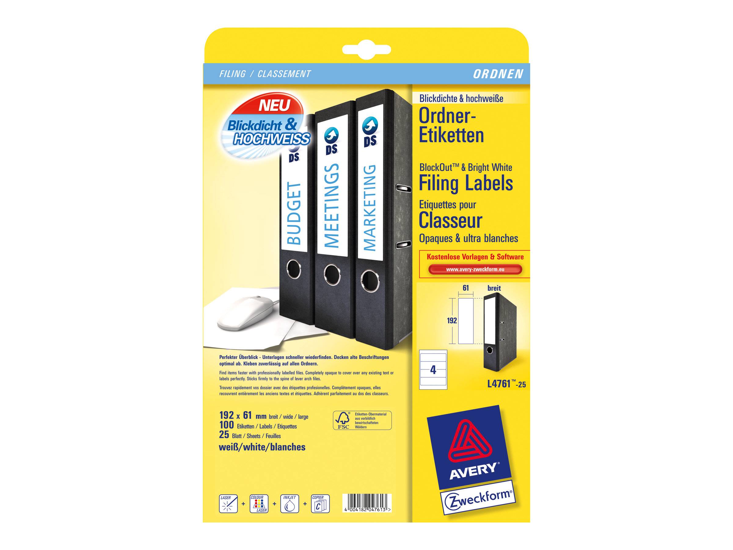 AVERY ZWECKFORM - Avery File Folder Labels - Weiß - 192 x 61 mm 100 Etikett(en) (25 Bogen x 4)