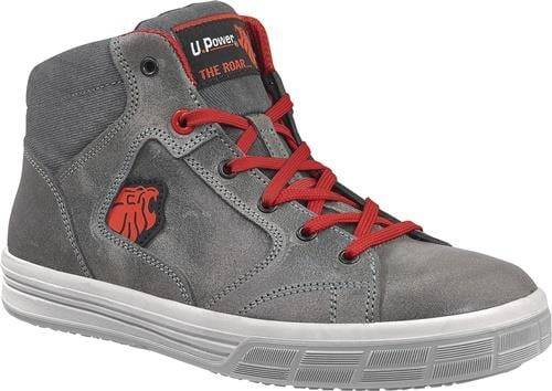 Ein grauer und roter High-Top-Sneaker mit seitlichem Logo und dicker Sohle, ausgestattet mit roten Schnürsenkeln und einem Markennamen auf der Zunge.