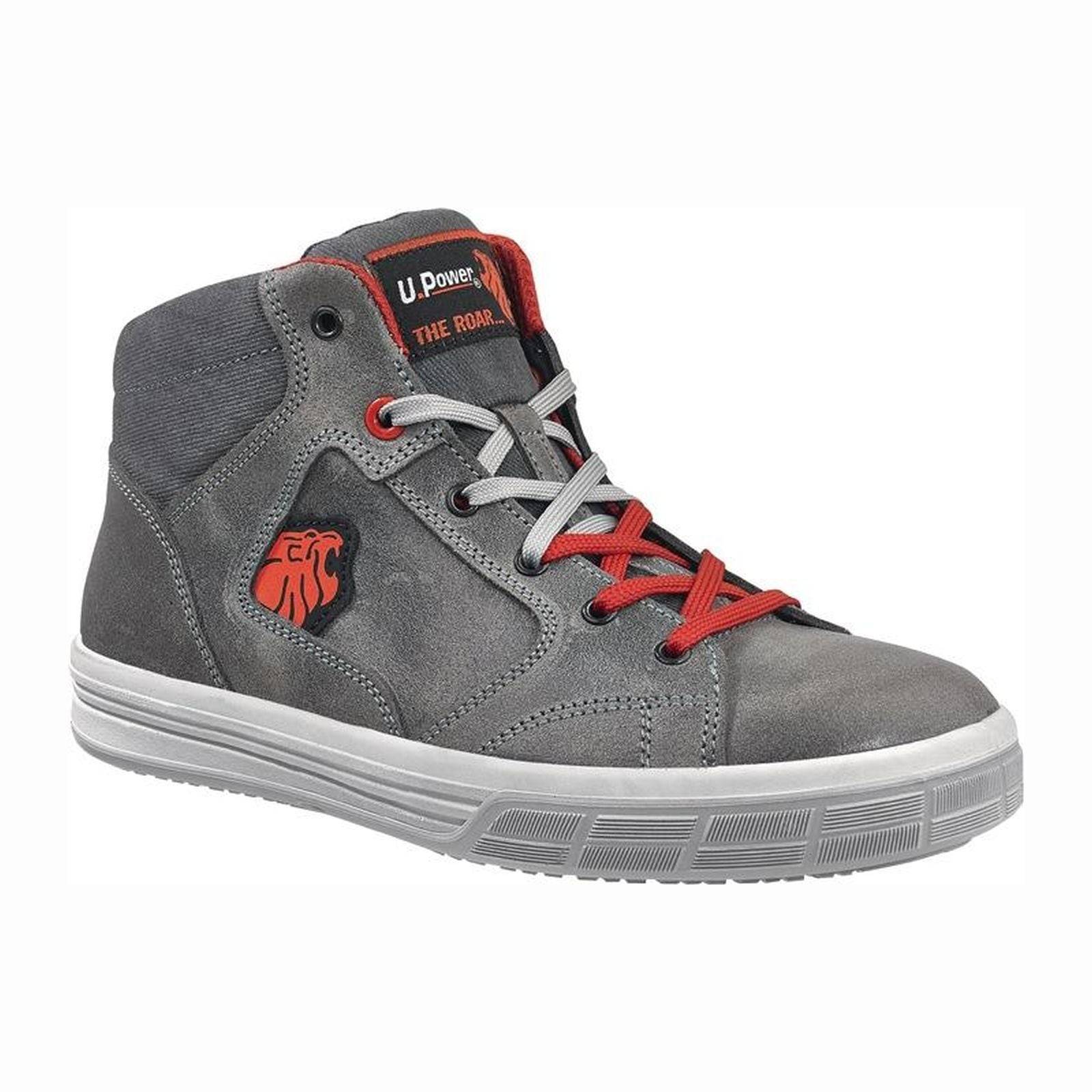 Ein grauer High-Top-Sneaker mit roten Schnürsenkeln und roten Akzenten, mit einem Löwen-Logo an der Seite und Branding auf der Zunge.