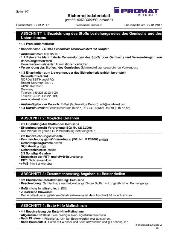 Mehrzweckfett graphitiert 400g schwarz Kartusche PROMAT CHEMICALS