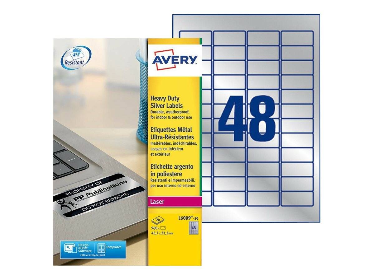 AVERY ZWECKFORM - Avery Heavy Duty Laser Labels - Polyester - Silber - 45.7 x 21.2 mm 960 Etikett(en) (20 Bogen x 48)