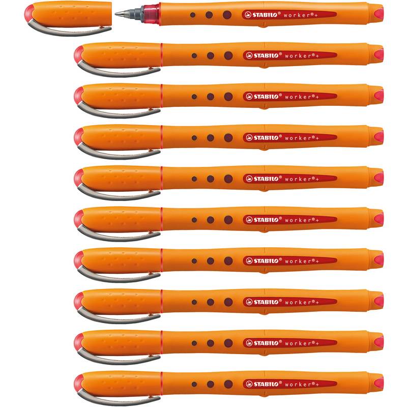 Acht orangefarbene STABILO worker+ Stifte mit silbernen Clips, in Reihen auf weißem Hintergrund angeordnet, dargestellt als Produktabbildung.